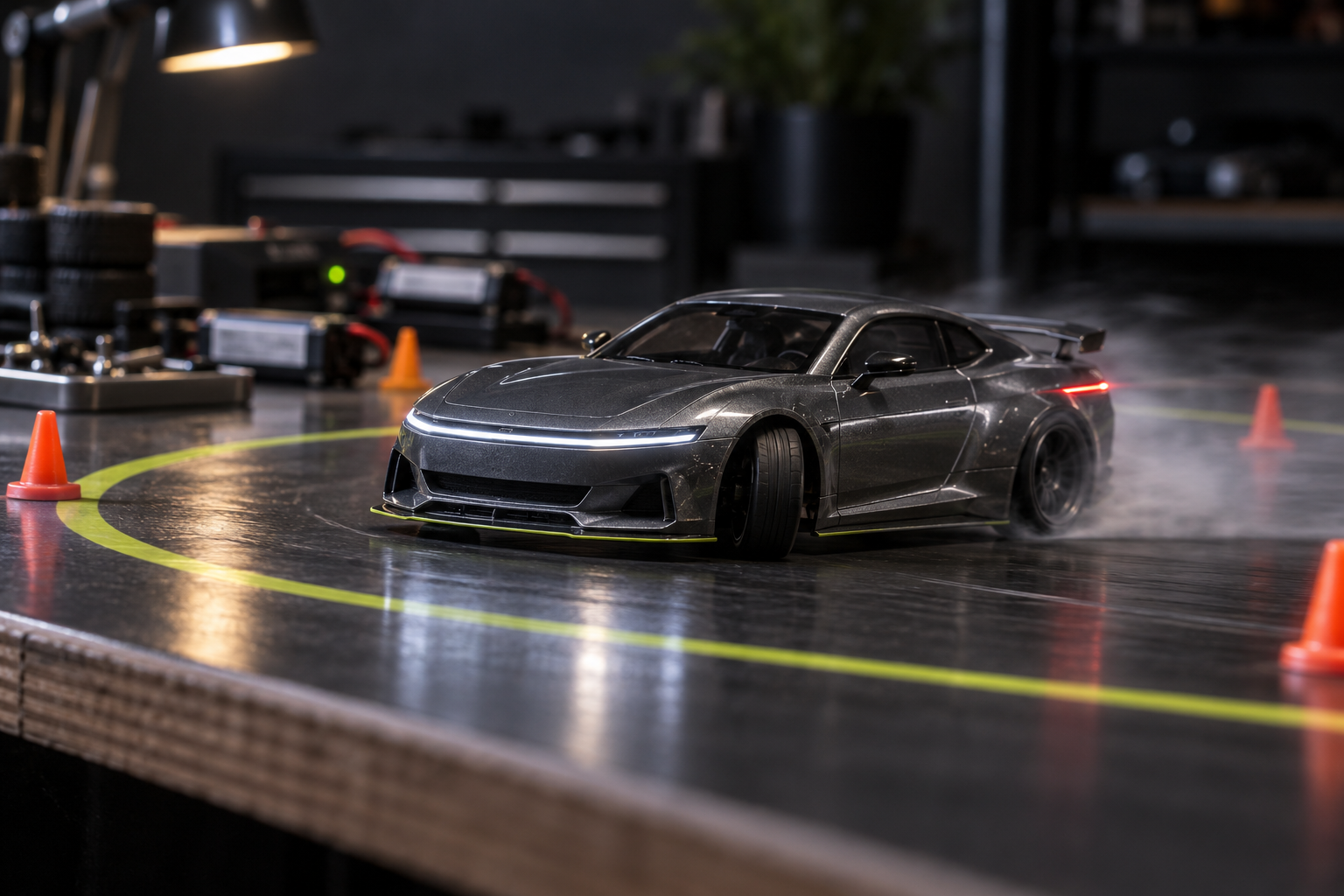 A small-scale drift car sliding across a dark tabletop circuit
